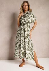 Zielono-Biała Sukienka Taliowana z Gumką w Talii Nasilena. Zielone sukienki Renee, na co dzień, l, bez wzorów, eleganckie, bez kołnierzyka, bez ramiączek, maxi, proste. W wyprzedaży za 83.99 zł.