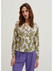 STEFANEL Bluzka w kolorze biało-żółto-fioletowym rozmiar: 38. Białe bluzki Stefanel, bez wzorów, z wiskozy, retro, bez kołnierzyka, bez ramiączek. Za 105.63 zł.