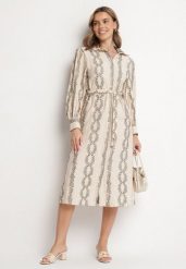 Beżowa Koszulowa Sukienka z Wiskozy z Wiązanym Paskiem Zdobiona Haftem Rallisia. Brązowe sukienki Born2be, na co dzień, l, z aplikacjami, z wiskozy, eleganckie, bez kołnierzyka, bez ramiączek, midi, koszulowe. Za 139.99 zł.