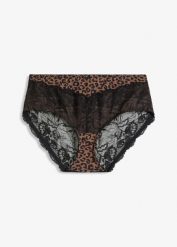 Figi z wysokim stanem z delikatną koronką. Brązowe figi bonprix, bez wzorów, z koronki, z podwyższonym stanem. Za 27.99 zł.