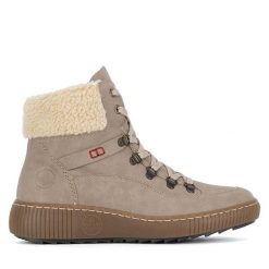 Botki Rieker. Brązowe botki Rieker, bez wzorów, bez obcasa, na płaskiej podeszwie, bez zapięcia. Za 295.00 zł.
