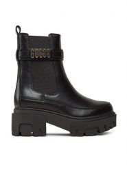 Guess Botki Yelma FL8YEA ELE10 Czarny. Czarne botki Guess, z aplikacjami, ze skóry, bez obcasa, na słupku, bez zapięcia. Za 449.99 zł.