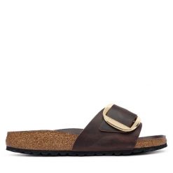 Klapki Birkenstock. Brązowe klapki Birkenstock, bez wzorów, bez obcasa, bez zapięcia. Za 629.99 zł.