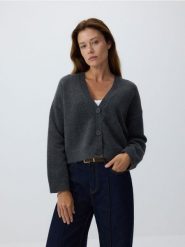 Kardigan z domieszką wełny - ciemnoszary. Szare swetry Reserved, l, bez wzorów, z dzianiny, bez ramiączek. W wyprzedaży za 99.99 zł.