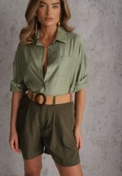 Zielone Szorty Casual z Wiskozą High Waist Ozdobione Paskiem z Plecionki Kailee. Zielone szorty Renee, bez wzorów, z materiału, casualowe. Za 99.99 zł.