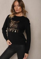 Czarny Sweter z Wiskozą Naszywką Napisem i Cyrkoniami Lilrae. Czarne swetry Renee, z aplikacjami, z wiskozy, biznesowe, bez ramiączek. W wyprzedaży za 111.99 zł.