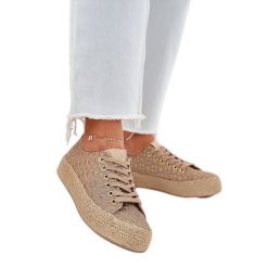 Wzorzyste Trampki Damskie Na Platformie Z Plecionką Lee Cooper LCW-25-08-3646L Khaki beżowy. Brązowe trampki bez wzorów, z materiału, eleganckie, bez zapięcia. Za 197.76 zł.