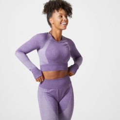 Koszulka fitness damska Domyos długi rękaw. Fioletowe biustonosze DOMYOS, bez wzorów, z materiału. W wyprzedaży za 69.99 zł.