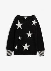 Sweter żakardowy z nadrukiem w gwiazdy, z mieszanki bawełny. Czarne swetry bonprix, bez wzorów, z bawełny, wizytowe, bez ramiączek. Za 109.99 zł.