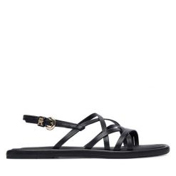 Sandały Tommy Hilfiger. Czarne sandały Tommy Hilfiger, bez wzorów, bez obcasa, na płaskiej podeszwie, bez zapięcia. Za 449.99 zł.