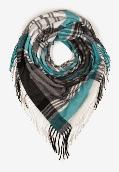 Niebiesko-Biały Kraciasty Szalik z Wiskozy i Bawełny z Frędzlami Relavis. Niebieskie szaliki i kominy Renee, na zimę, bez wzorów, z bawełny, retro. Za 29.99 zł.