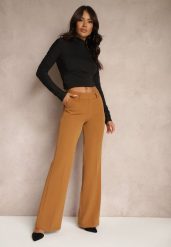 Brązowe Eleganckie Spodnie Garniturowe o Szerokim Kroju z Kieszeniami Zinolana. Brązowe jeansy Renee, l, bez wzorów, z jeansu, biznesowe. W wyprzedaży za 56.99 zł.