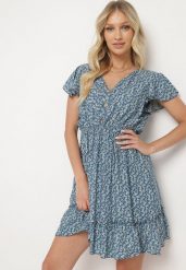 Niebieska Bawełniana Rozkloszowana Sukienka w Kwiaty z Falbanami i Gumką w Talii Nelyse. Niebieskie sukienki Born2be, na spotkanie biznesowe, l, bez wzorów, z bawełny, bez kołnierzyka, bez ramiączek, mini, rozkloszowane. W wyprzedaży za 38.49 zł.