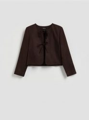 Marynarka z lnem i wiskozą - ciemnobrązowy. Brązowe marynarki i żakiety Reserved, l, bez wzorów, z tkaniny, bez ramiączek. Za 159.99 zł.