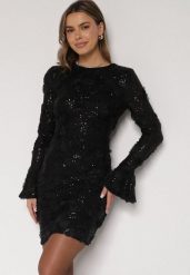 Czarna Cekinowa Sukienka z Kwiatami 3D Naweda. Czarne sukienki Born2be, do pracy, l, bez wzorów, z jeansu, biznesowe, bez kołnierzyka, bez ramiączek. Za 209.99 zł.