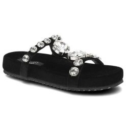 Klapki damskie Scaviola, z materiału tekstylnego z paskiem zdobionym cyrkoniami wsuwaną konstrukcją materiałową wkładką wnętrzem ze skóry ekologiczne. Czarne klapki Sca'viola, z aplikacjami, z materiału, glamour, bez obcasa, bez zapięcia. Za 329.00 zł.