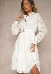 Biała Haftowana Sukienka z Bawełny Folisse. Białe sukienki Renee, m, bez wzorów, z bawełny, eleganckie, bez kołnierzyka, bez ramiączek, midi. W wyprzedaży za 119.99 zł.