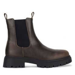 Sztyblety JENNY. Brązowe botki Jenny, bez wzorów, bez obcasa, na płaskiej podeszwie, bez zapięcia. Za 127.99 zł.