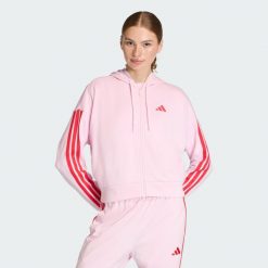 Bluza z kapturem Essentials 3-Stripes French Terry Full-Zip. Czerwone bluzy adidas, bez wzorów, z materiału, bez ramiączek, z kapturem. Za 259.00 zł.