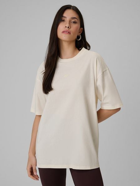 4F T-shirt loose gładki damski - beżowy XS. Brązowe t-shirty 4f, xs, bez wzorów, z bawełny, bez kołnierzyka, bez ramiączek. W wyprzedaży za 49.99 zł.