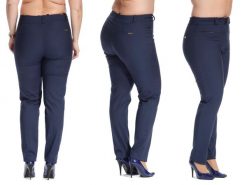 Casualowe granatowe spodnie cygaretki Bruna w kant PLUS SIZE. Chinosy Moda Size Plus Iwanek, plus size, bez wzorów, z bawełny, eleganckie, krótkie. W wyprzedaży za 119.90 zł.