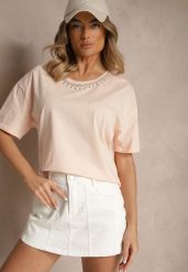 Beżowy T-shirt z Bawełny z Cyrkoniami Fadeola. Brązowe t-shirty Renee, l, bez wzorów, z bawełny, eleganckie, bez kołnierzyka, bez ramiączek. W wyprzedaży za 43.99 zł.