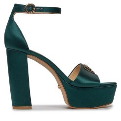 Sandały Guess. Zielone sandały Guess, z aplikacjami, bez obcasa, na słupku, bez zapięcia. Za 869.99 zł.