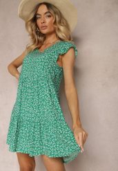 Zielona Rozkloszowana Sukienka z Bawełny Ozdobiona Falbanką Crisandra. Zielone sukienki Renee, na co dzień, l, bez wzorów, z bawełny, eleganckie, bez kołnierzyka, bez ramiączek, mini, proste. W wyprzedaży za 39.99 zł.