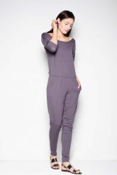 Szary Komfortowy Kombinezon z Szerokim Dekoltem. Szare kombinezony Venaton, l, bez wzorów, z elastanu, eleganckie, bez kołnierzyka, bez ramiączek. Za 249.00 zł.