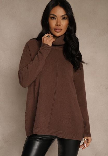 Brązowy Golf o Fasonie Klasycznego Swetra z Domieszką Kaszmiru Rorilaine. Brązowe swetry Renee, uniwersalny, z aplikacjami, z kaszmiru, biznesowe, bez ramiączek. Za 129.99 zł.