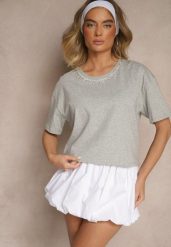 Szary T-shirt z Bawełny z Cyrkoniami Fadeola. Szare t-shirty Renee, l, bez wzorów, z bawełny, eleganckie, bez kołnierzyka, bez ramiączek. W wyprzedaży za 43.99 zł.