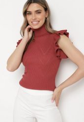 Bordowy Prążkowany Golf z Krótkim Rękawem i Falbankami Padivessa. Czerwone swetry Born2be, s, bez wzorów, z materiału, eleganckie, bez ramiączek. W wyprzedaży za 38.24 zł.