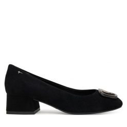 Półbuty Tamaris. Czarne półbuty wsuwane Tamaris, bez wzorów, bez obcasa, na obcasie. Za 289.99 zł.