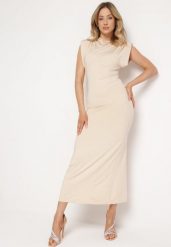 Beżowa Dopasowana Sukienka Maxi z Podkreślonymi Ramionami i Rozcięciami Sancja. Brązowe sukienki Born2be, na co dzień, bez wzorów, eleganckie, bez kołnierzyka, bez ramiączek, maxi, dopasowane. W wyprzedaży za 69.99 zł.