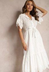 Biała Bawełniana Sukienka o Rozkloszowanym Kroju z Haftem z Guzikami i Gumką w Pasie Lovarae. Białe sukienki Renee, l, bez wzorów, z bawełny, eleganckie, bez kołnierzyka, bez ramiączek, midi, rozkloszowane. W wyprzedaży za 175.99 zł.