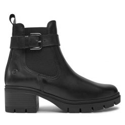 Botki Tamaris. Czarne botki Tamaris, bez wzorów, bez obcasa, na słupku, bez zapięcia. Za 229.99 zł.