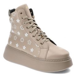 Beżowe Sneakersy Libero Obuwie Damskie Premium. Brązowe botki Libero, bez wzorów, z materiału, eleganckie, bez obcasa, na platformie, bez zapięcia. Za 409.00 zł.