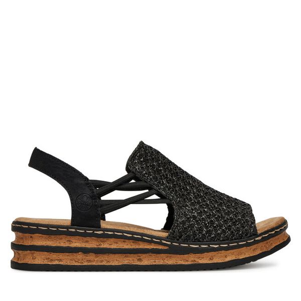 Sandały Rieker. Czarne sandały Rieker, bez wzorów, bez obcasa, na koturnie, bez zapięcia. Za 299.99 zł.
