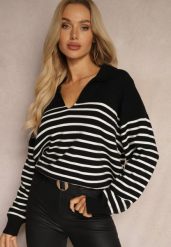 Czarny Sweter w Paski Ozdobiony Kołnierzykiem i Wycięciem Irinalies. Czarne swetry Renee, na zimę, bez wzorów, casualowe, bez ramiączek. W wyprzedaży za 55.99 zł.