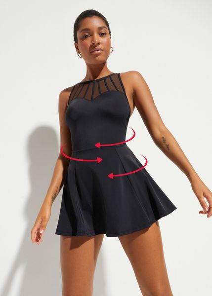 Sukienka kąpielowa z przezroczystą siateczką, o średnim stopniu modelowania. Czarne sukienki bonprix, na plażę, bez wzorów, bez kołnierzyka, bez ramiączek. Za 199.99 zł.