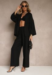 Czarny Wiskozowy Komplet Oversize Koszula i Spodnie Wide Leg Zierana. Czarne koszule Renee, bez wzorów, z materiału, bez kołnierzyka, bez ramiączek. W wyprzedaży za 111.99 zł.