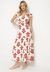 Biało-Czerwona Sukienka z Wiskozy Ozdobiona Paskiem z Klamrą i Geometrycznym Wzorem Orivana. Czerwone sukienki Born2be, na co dzień, l, bez wzorów, z jeansu, eleganckie, bez kołnierzyka, bez ramiączek, proste. Za 109.99 zł.