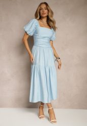 Niebieska Sukienka Wiskozowa Drapowana z Rozkloszowanym Dołem Naprine. Niebieskie sukienki Renee, na co dzień, l, bez wzorów, z wiskozy, eleganckie, bez kołnierzyka, bez ramiączek, midi, rozkloszowane. W wyprzedaży za 119.99 zł.