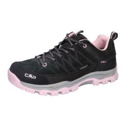 Buty trekkingowe juniorskie RIGEL LOW skóra wodoodporne. Czarne buty trekkingowe CMP, bez wzorów, z gumy, bez zapięcia, outdoorowe. Za 359.99 zł.