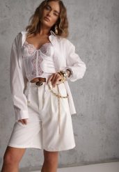 Białe Szorty Bermudy Eleganckie z Paskiem High Waist Rhodissa. Białe szorty Renee, bez wzorów, z materiału, biznesowe. Za 119.99 zł.