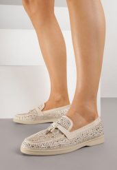 Beżowe Mokasyny z Cyrkoniami i Ozdobami Distantsteam. Brązowe mokasyny Renee, z aplikacjami, z jeansu. Za 99.99 zł.