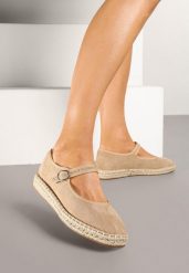 Ciemnobeżowe Espadryle z Imitacji Zamszu z Zapięciem na Sprzączkę Zeonia. Brązowe espadryle Born2be, bez wzorów, z jeansu, eleganckie, bez obcasa, na płaskiej podeszwie. W wyprzedaży za 79.99 zł.