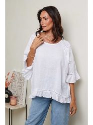 Le Monde du Lin Lniana bluzka w kolorze białym rozmiar: 40/42. Białe bluzki Le Monde du Lin, bez wzorów, z koronki, klasyczne, bez kołnierzyka, bez ramiączek. Za 143.99 zł.