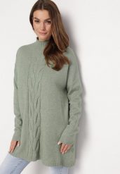 Jasnozielony Oversizowy Sweter Golf z Wiskozą i Ozdobnym Splotem z Przodu Goyanes. Zielone swetry Born2be, na zimę, bez wzorów, z wiskozy, bez ramiączek. W wyprzedaży za 93.49 zł.