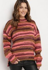 Różowo-Brązowy Sweter w Poziome Paski Rortia. Czerwone swetry Born2be, na zimę, m, bez wzorów, bez ramiączek. W wyprzedaży za 110.49 zł.